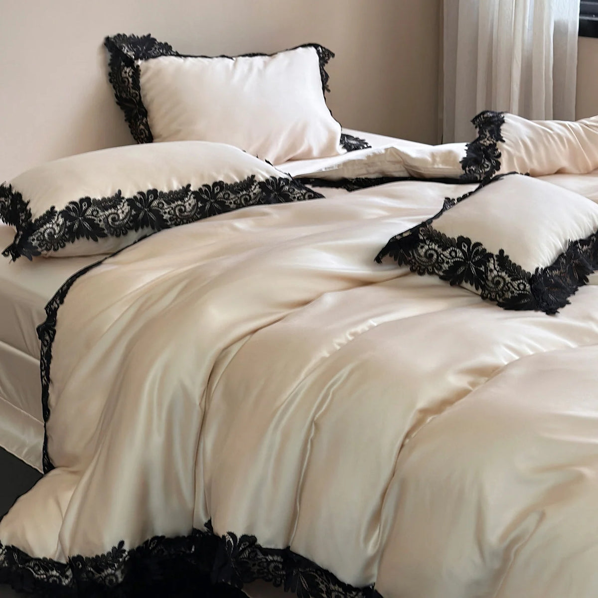 Duvet Cover Set Satin Floral Lace Trim Matching Shams