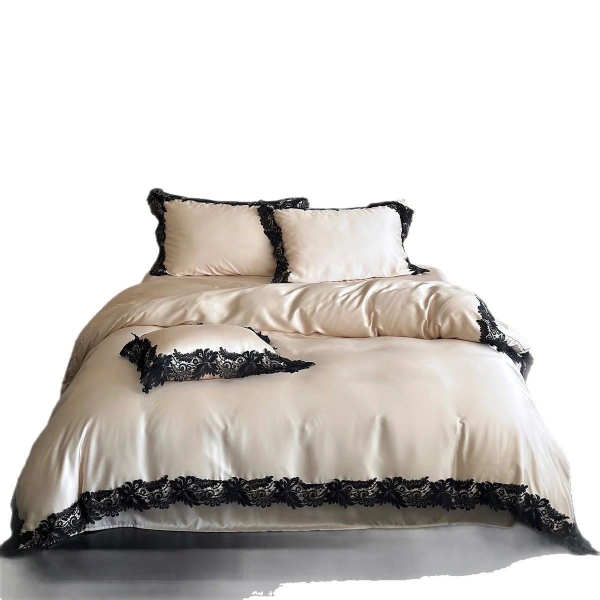 Duvet Cover Set Satin Floral Lace Trim Matching Shams