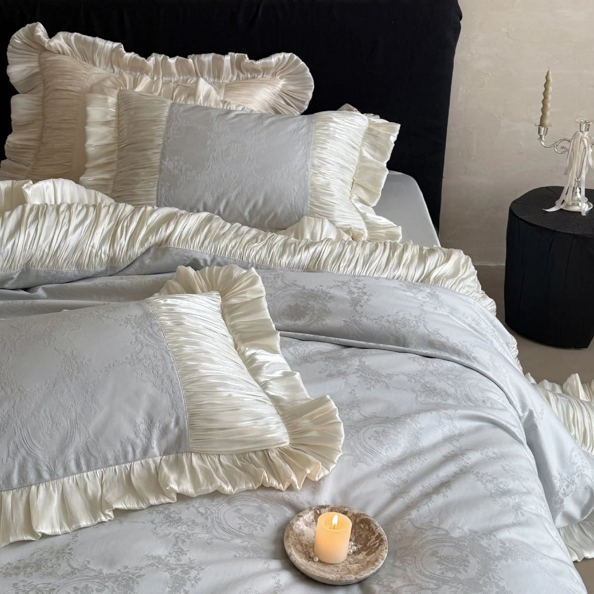 Duvet Cover Set Satin Jacquard Pleated Ruffles