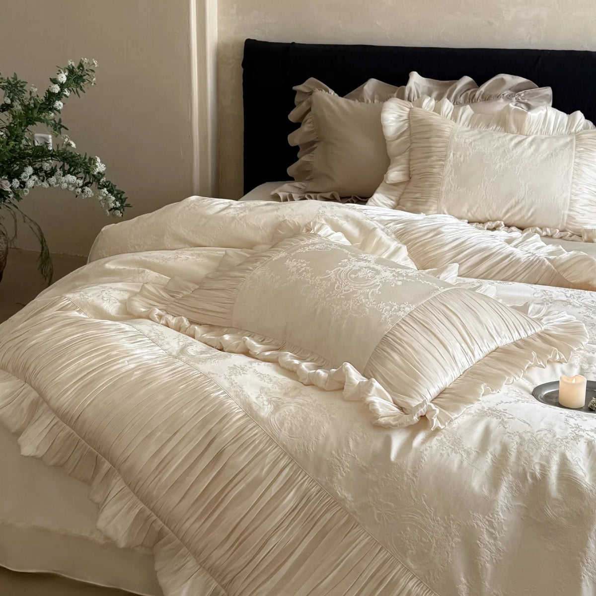 Duvet Cover Set Satin Jacquard Pleated Ruffles