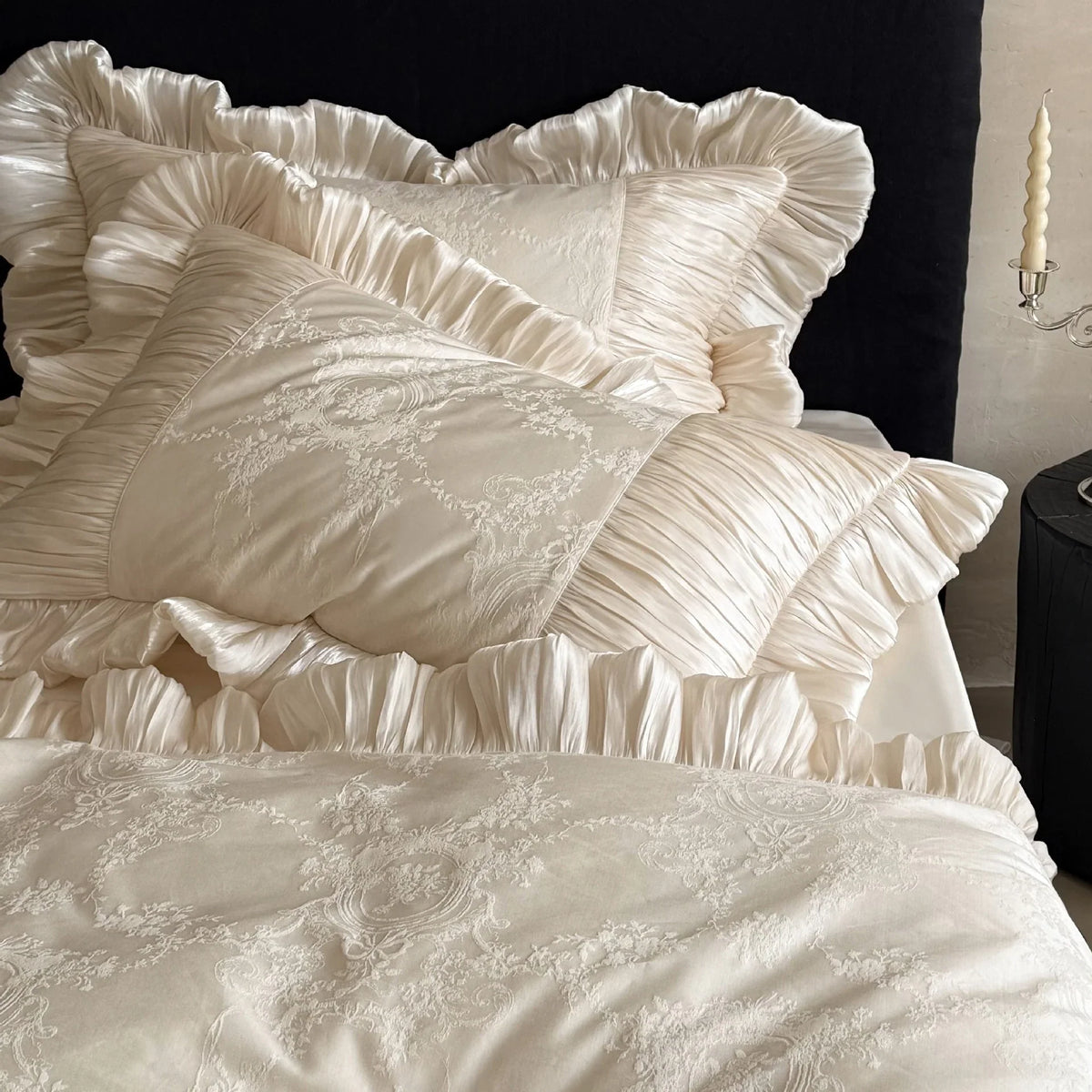 Duvet Cover Set Satin Jacquard Pleated Ruffles