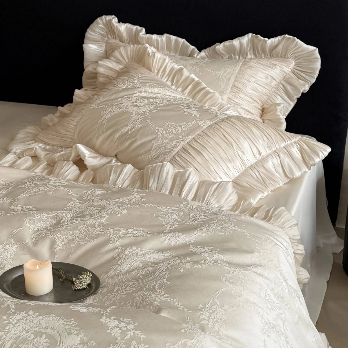 Duvet Cover Set Satin Jacquard Pleated Ruffles
