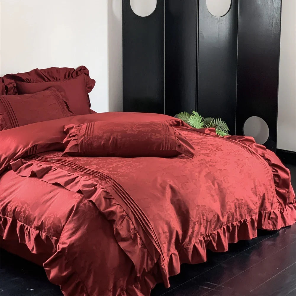 Duvet Cover Set Satin Jacquard Relief & Ruffle 6-Piece