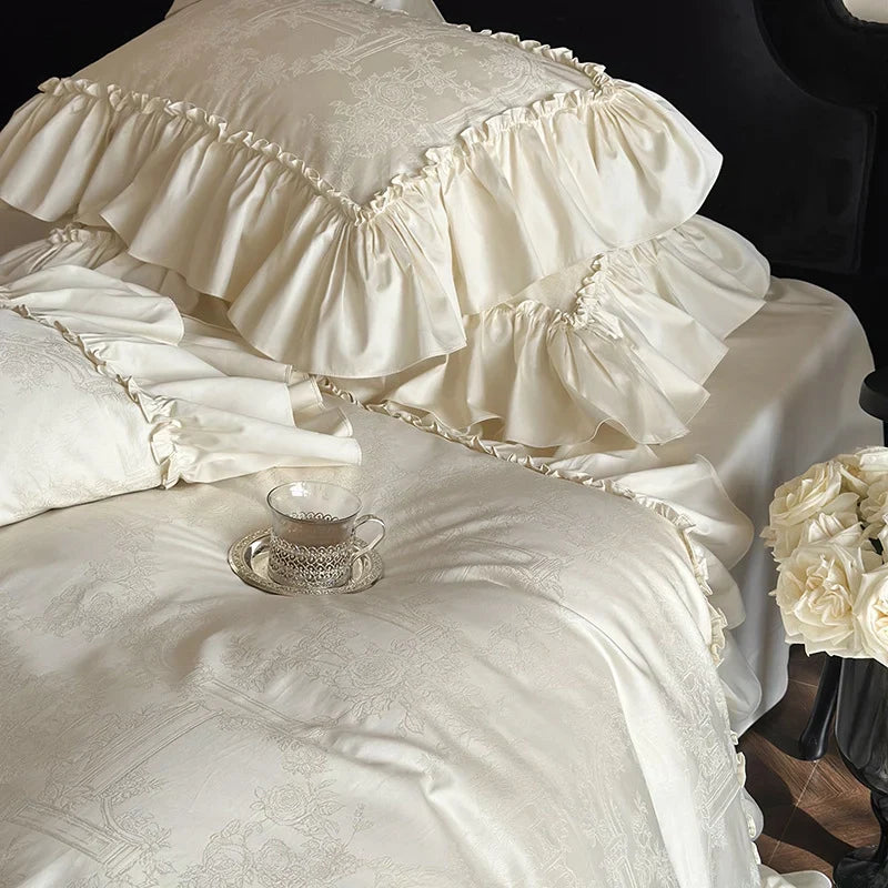 Duvet Cover Set Satin-Like Jacquard Ruffle Trim 4-Piece
