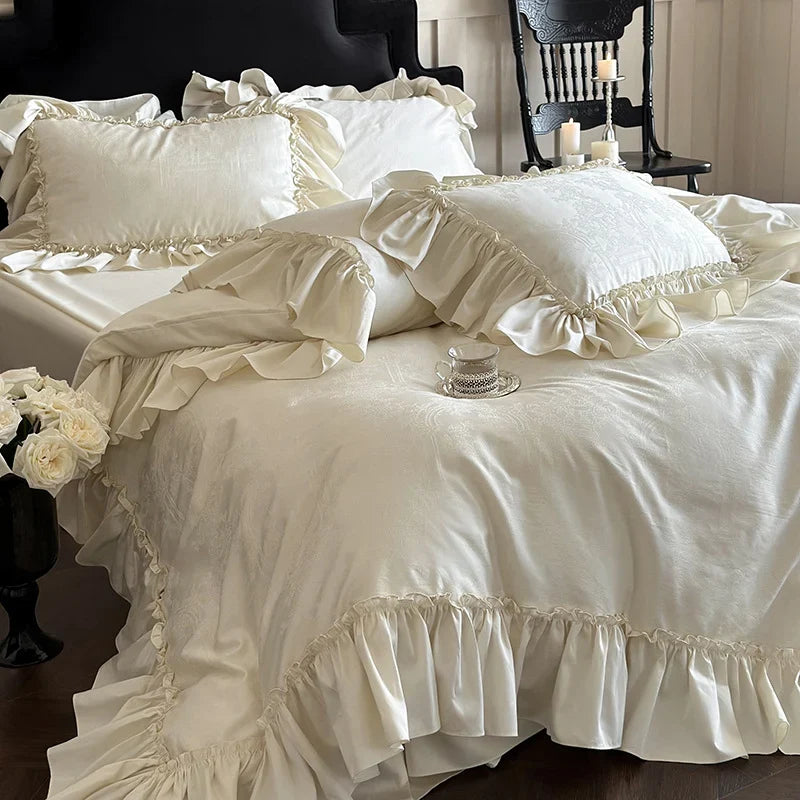 Duvet Cover Set Satin-Like Jacquard Ruffle Trim 4-Piece