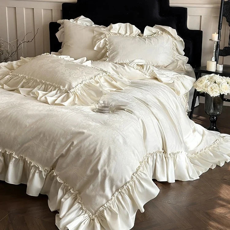 Duvet Cover Set Satin-Like Jacquard Ruffle Trim 4-Piece