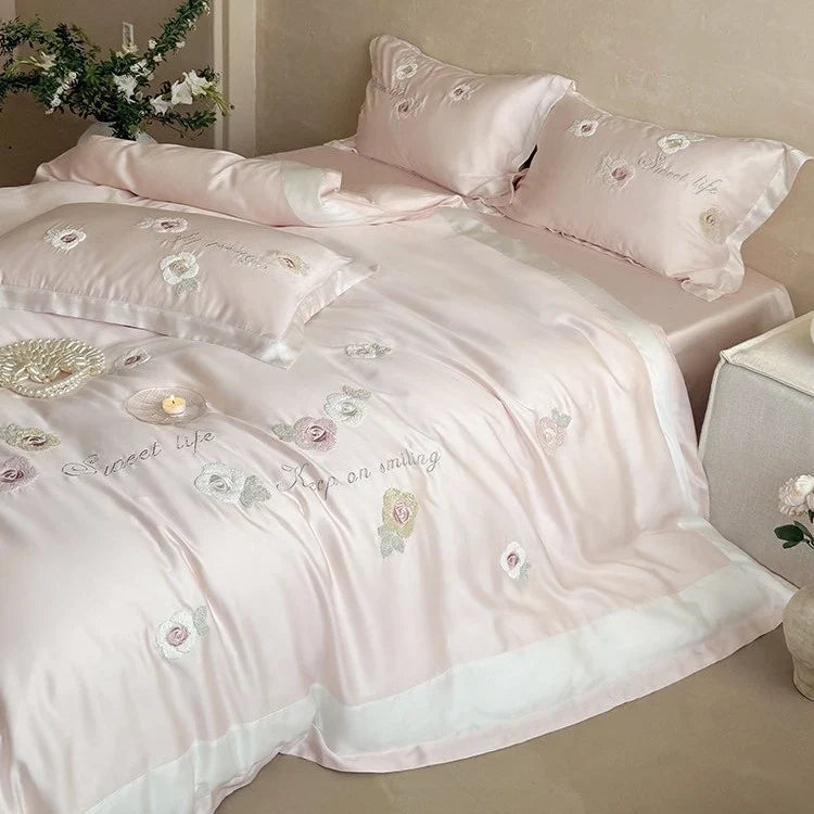 Duvet Cover Set Satin & Rose Embroidery 4-Piece