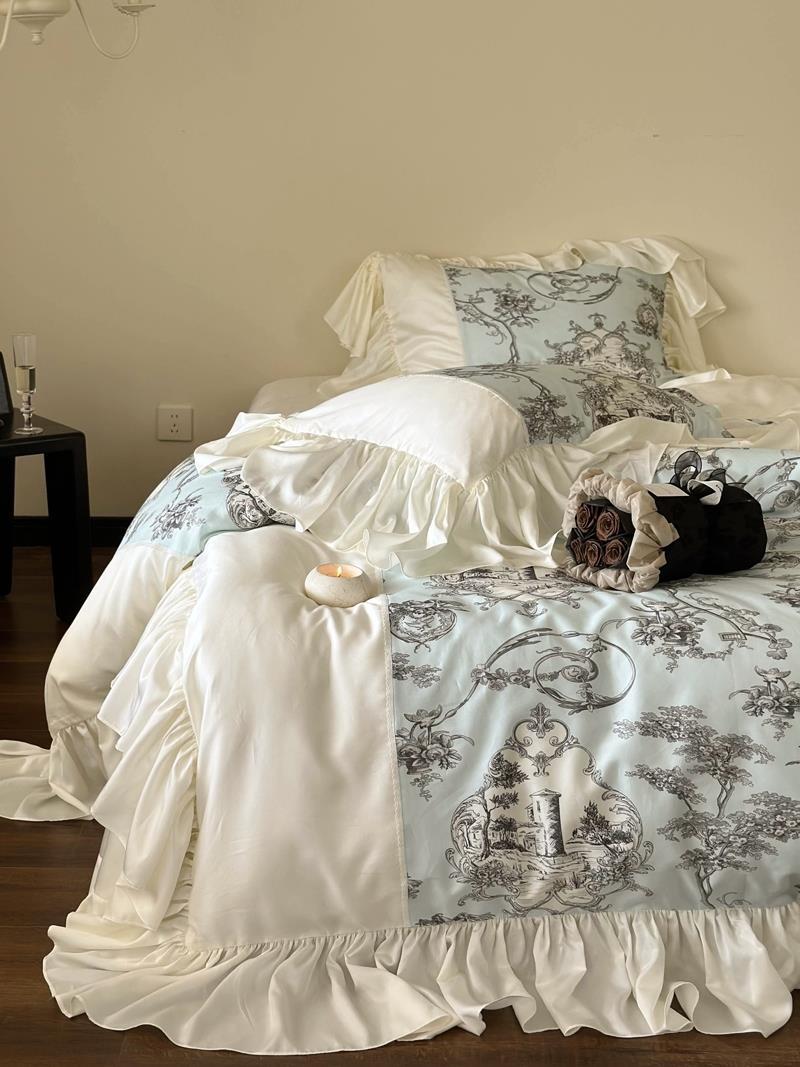 Duvet Cover Set Satin Vintage Toile Ruffled Trim