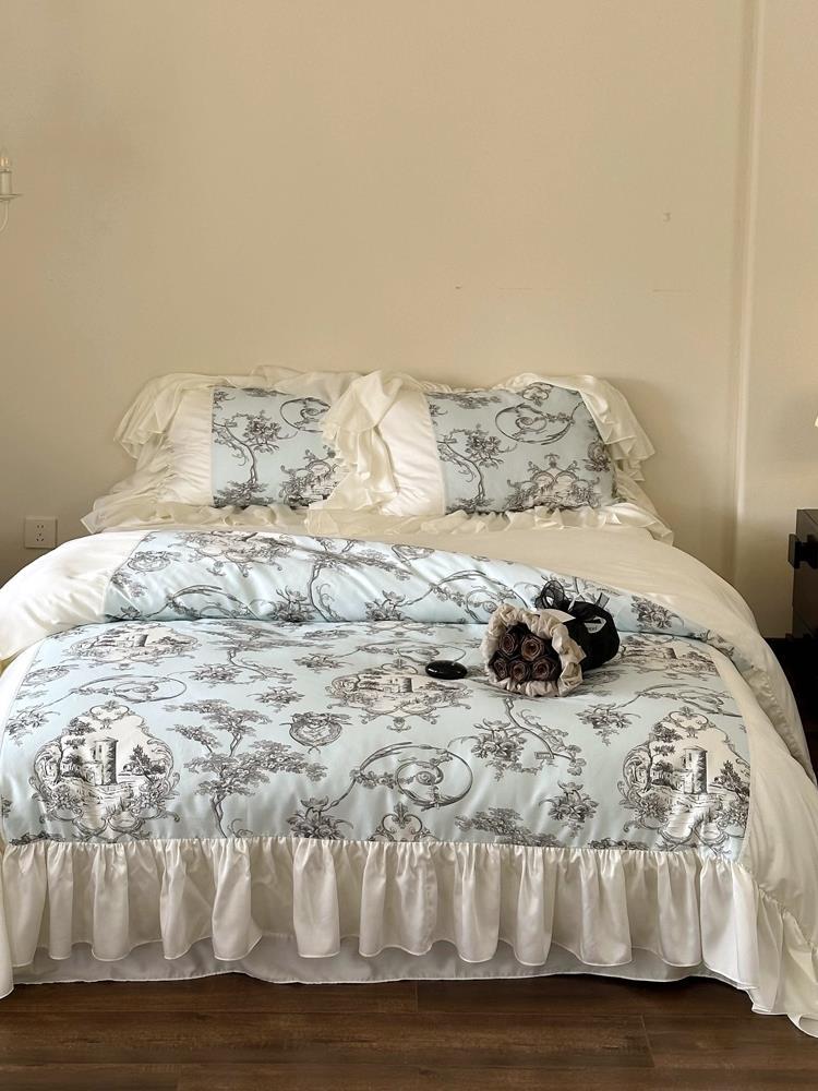 Duvet Cover Set Satin Vintage Toile Ruffled Trim