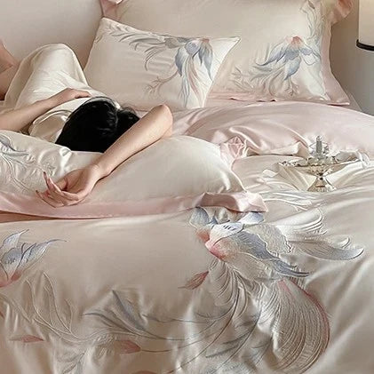 Duvet Cover Set Silky Satin Embroidered Floral Four-Piece