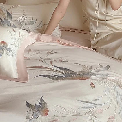 Duvet Cover Set Silky Satin Embroidered Floral Four-Piece