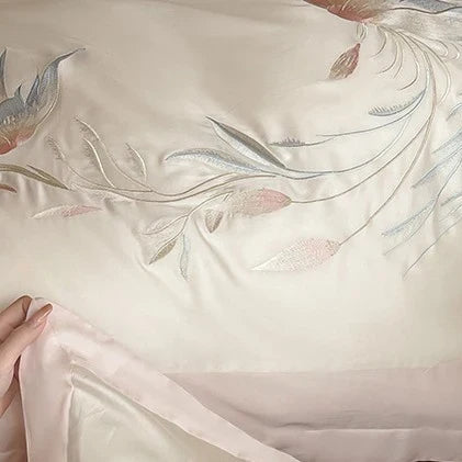 Duvet Cover Set Silky Satin Embroidered Floral Four-Piece