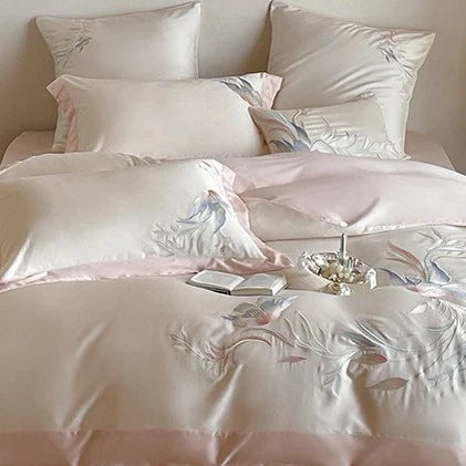 Duvet Cover Set Silky Satin Embroidered Floral Four-Piece