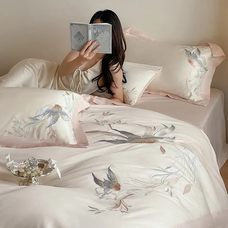 Duvet Cover Set Silky Satin Embroidered Floral Four-Piece