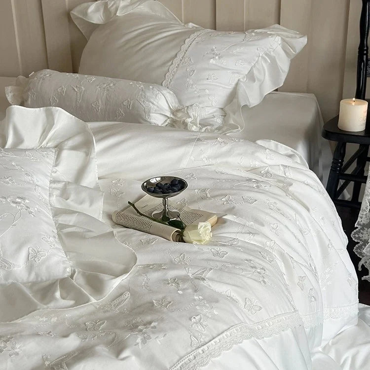 Duvet Cover Set Silky Satin Embroidered Lace Trim 4-Piece