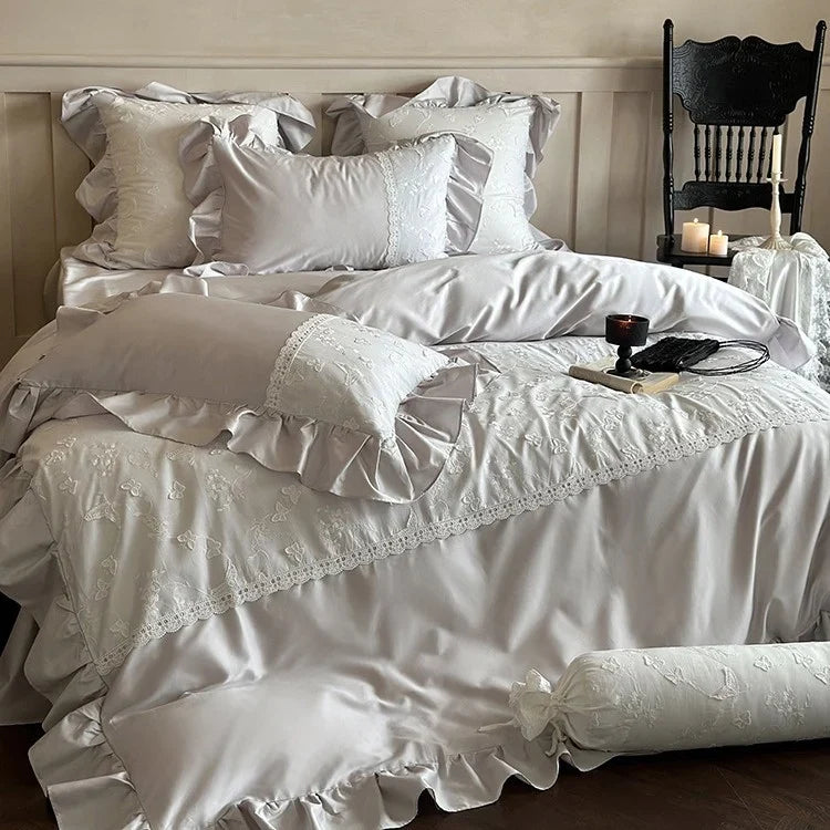 Duvet Cover Set Silky Satin Embroidered Lace Trim 4-Piece