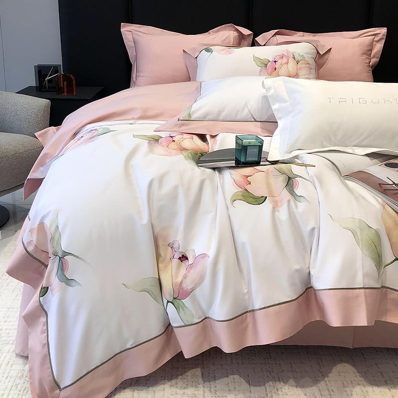 Duvet Cover Set Silky Satin Watercolor Floral & Ruffled Edge