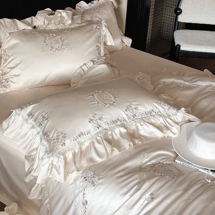 Duvet Cover Set Smooth Satin Floral Embroidery & Ruffle Trim