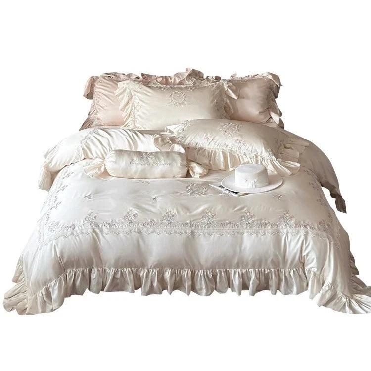 Duvet Cover Set Smooth Satin Floral Embroidery & Ruffle Trim