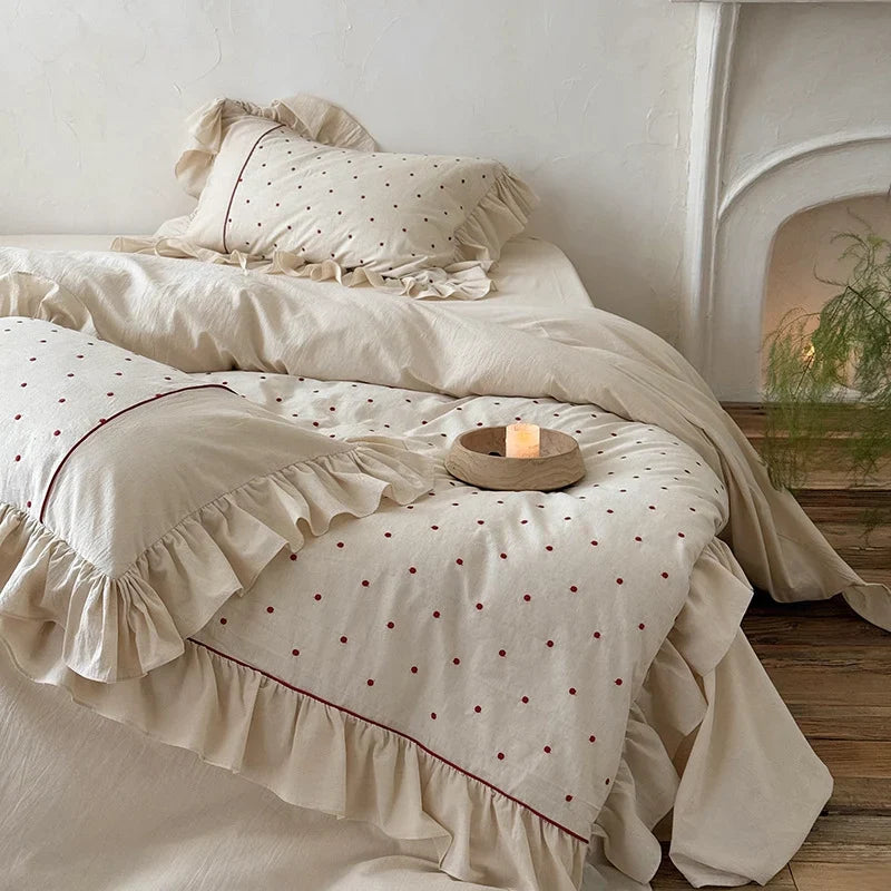 Duvet Cover Set Stonewashed Cotton Embroidered Dots & Ruffle