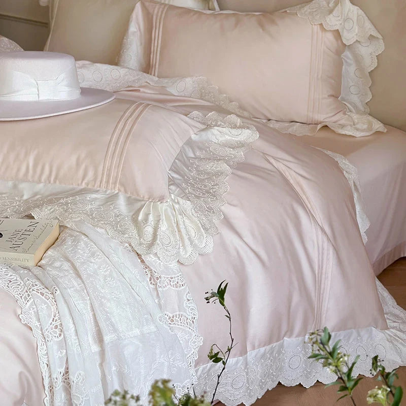 Duvet Cover Set Tencel Cotton Satin Embroidered Lace