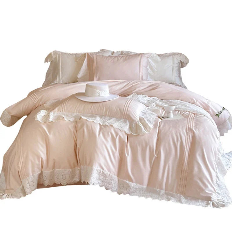 Duvet Cover Set Tencel Cotton Satin Embroidered Lace