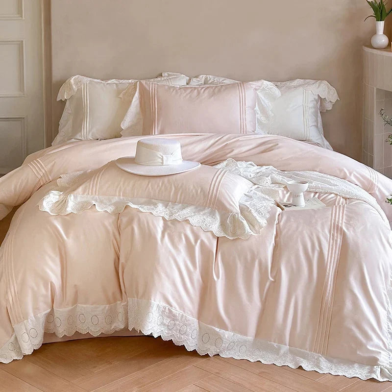 Duvet Cover Set Tencel Cotton Satin Embroidered Lace