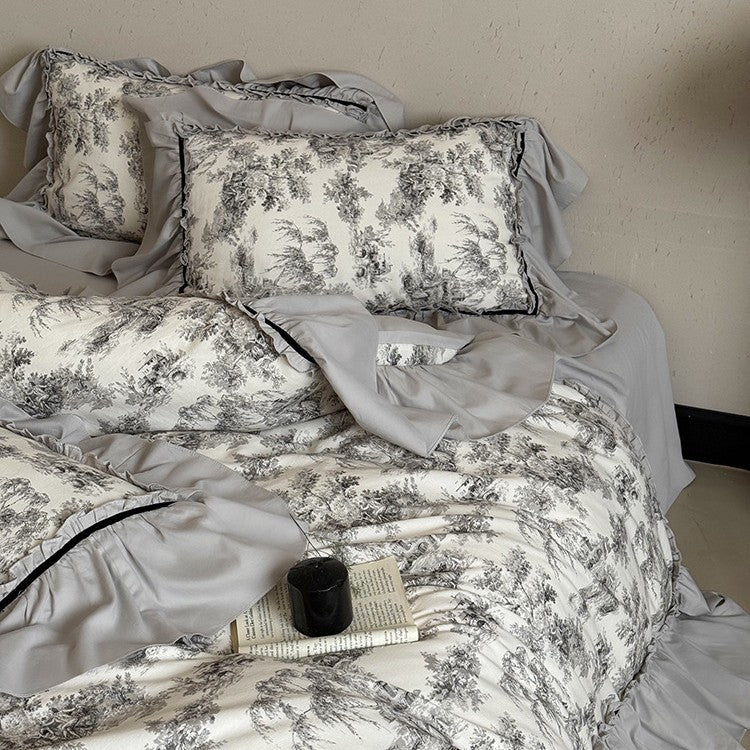 Duvet Cover Set Toile-de-Jouy Gathered Ruffle Cotton Blend