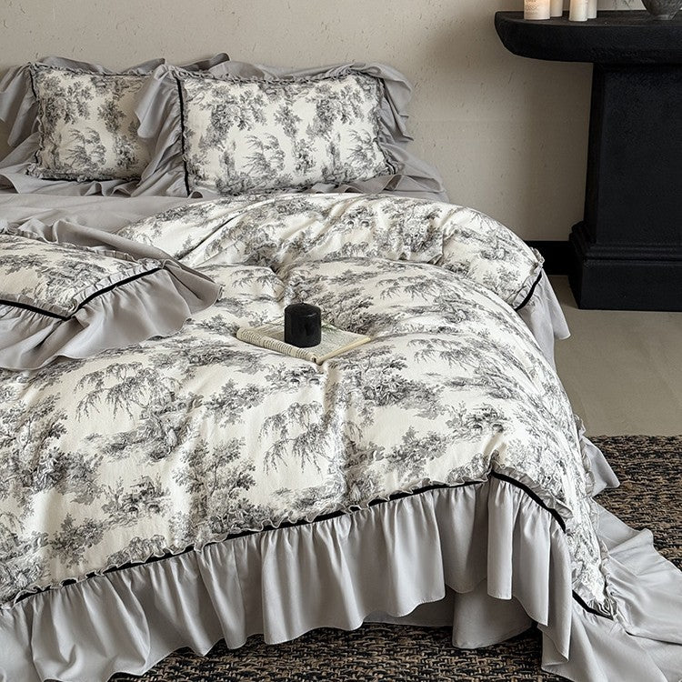 Duvet Cover Set Toile-de-Jouy Gathered Ruffle Cotton Blend