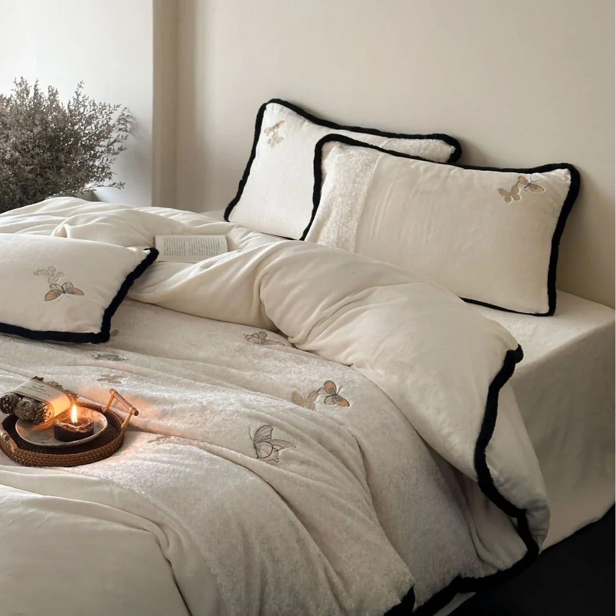 Duvet Cover Set Velvet Embroidered Contrast Piping