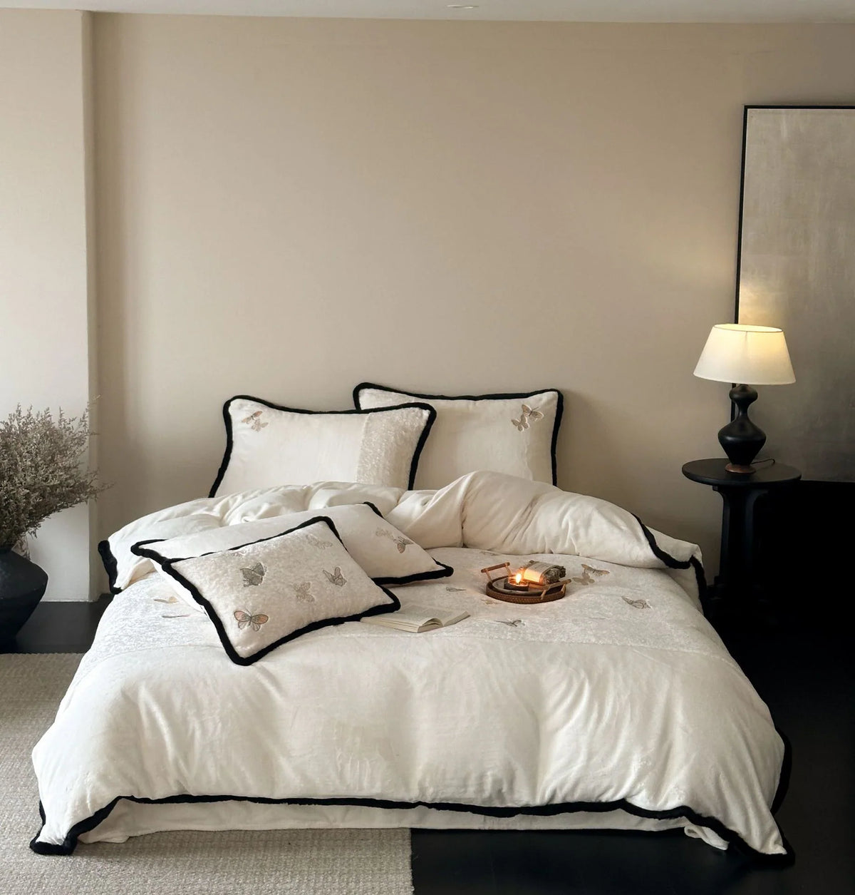 Duvet Cover Set Velvet Embroidered Contrast Piping
