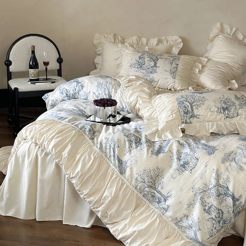 Duvet Cover Set Vintage Toile Print & Ruffled Edges