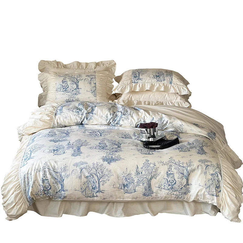 Duvet Cover Set Vintage Toile Print & Ruffled Edges