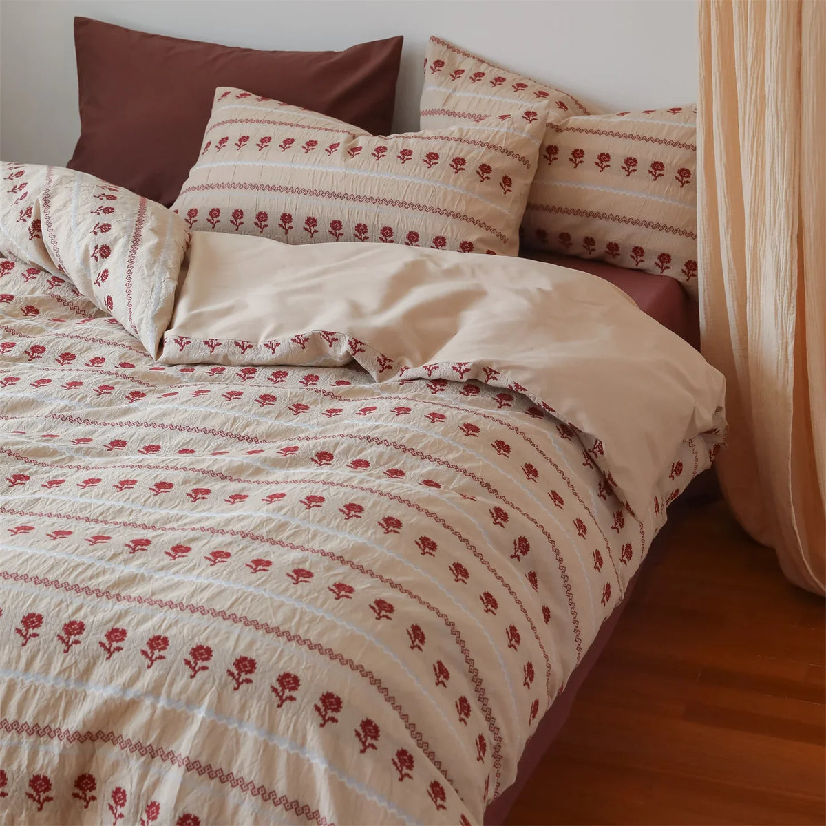 Duvet Set Cotton Blend Linen Texture Embroidered Rose