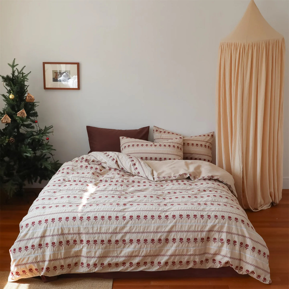 Duvet Set Cotton Blend Linen Texture Embroidered Rose