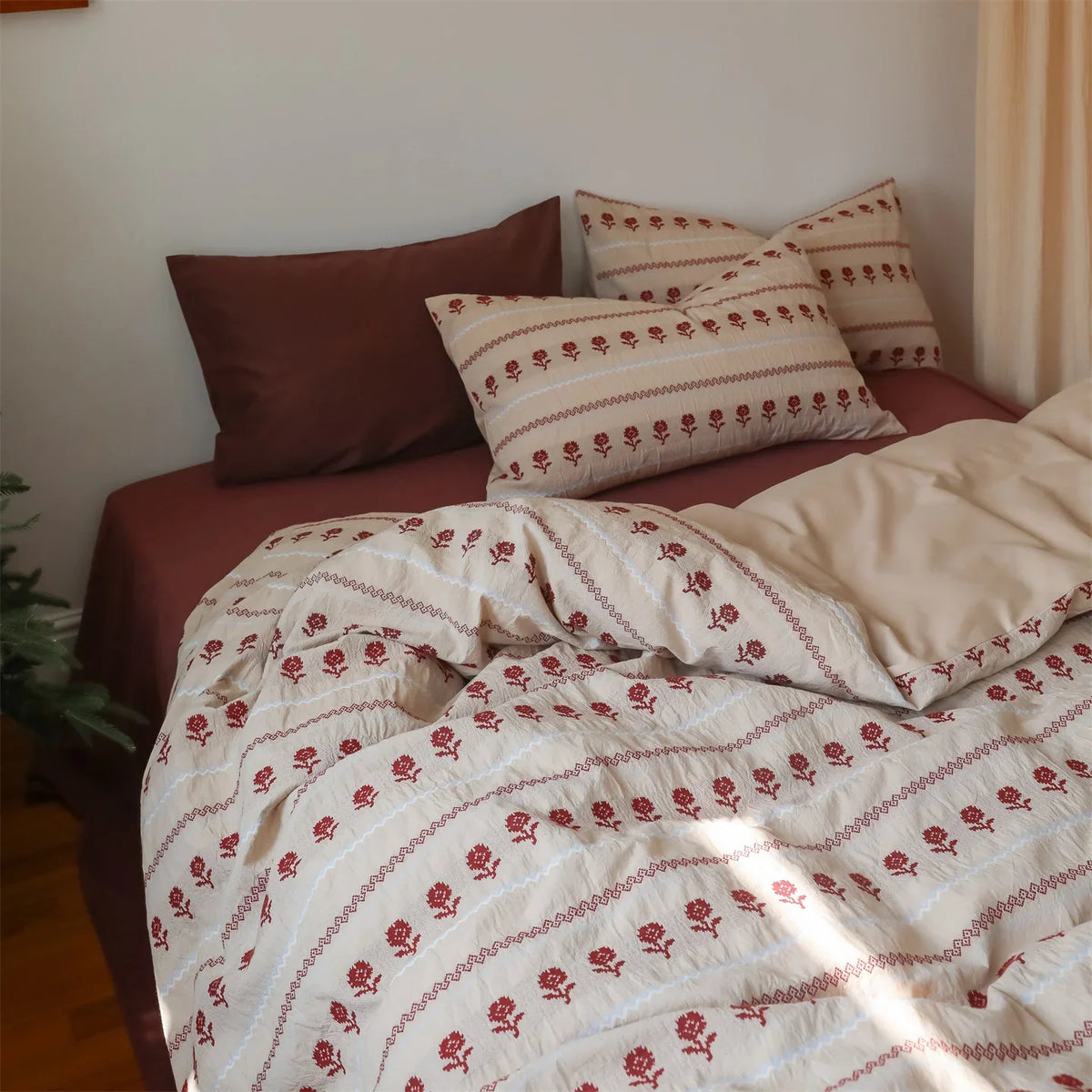 Duvet Set Cotton Blend Linen Texture Embroidered Rose