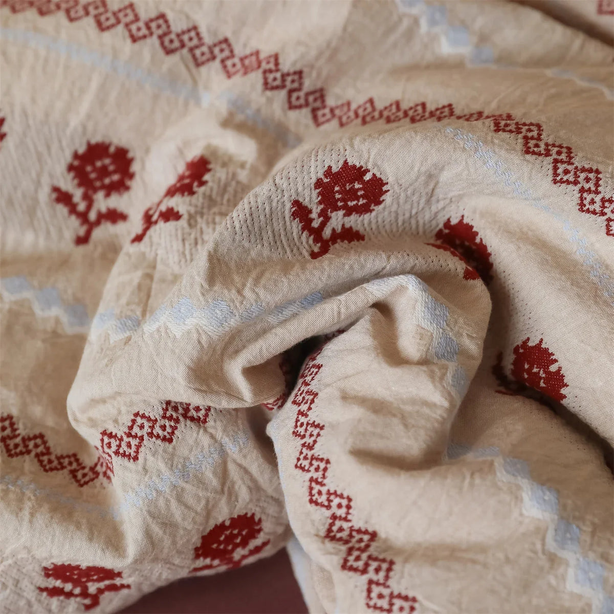 Duvet Set Cotton Blend Linen Texture Embroidered Rose