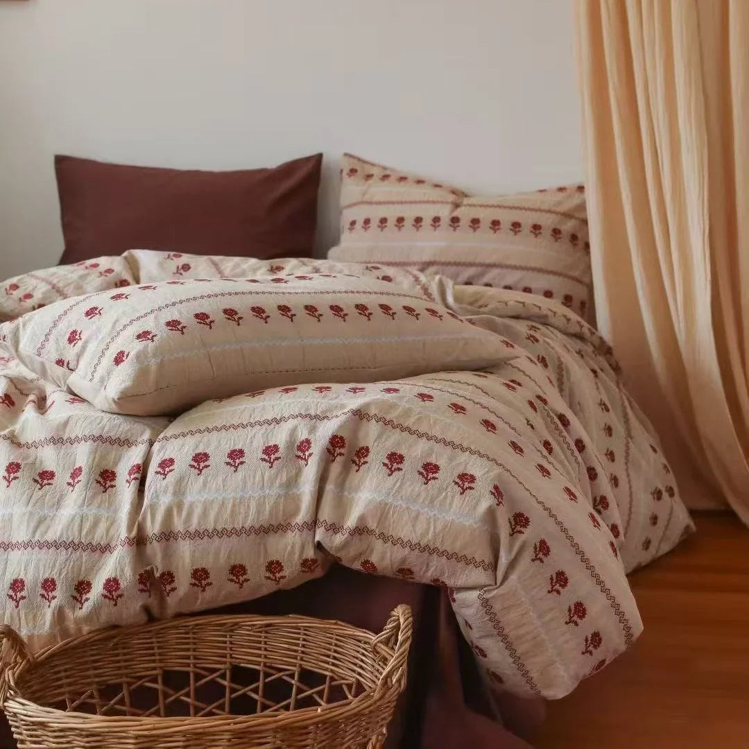 Duvet Set Cotton Blend Linen Texture Embroidered Rose