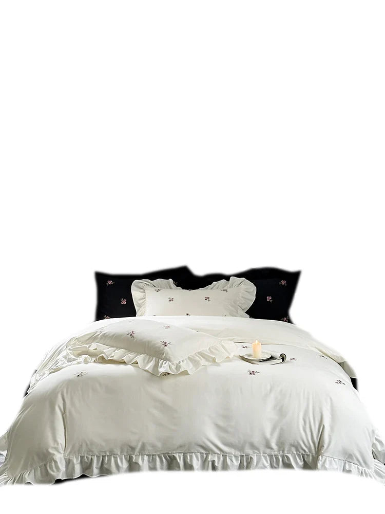 Duvet Set Cotton Satin Breathable Floral Embroidery Four-Piece