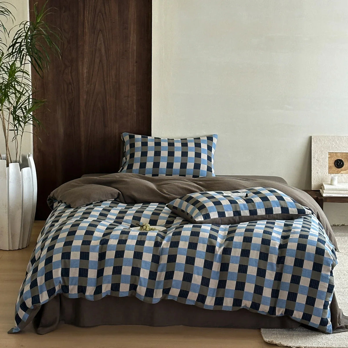 Duvet Set Cotton Satin Textured Check Machine Washable