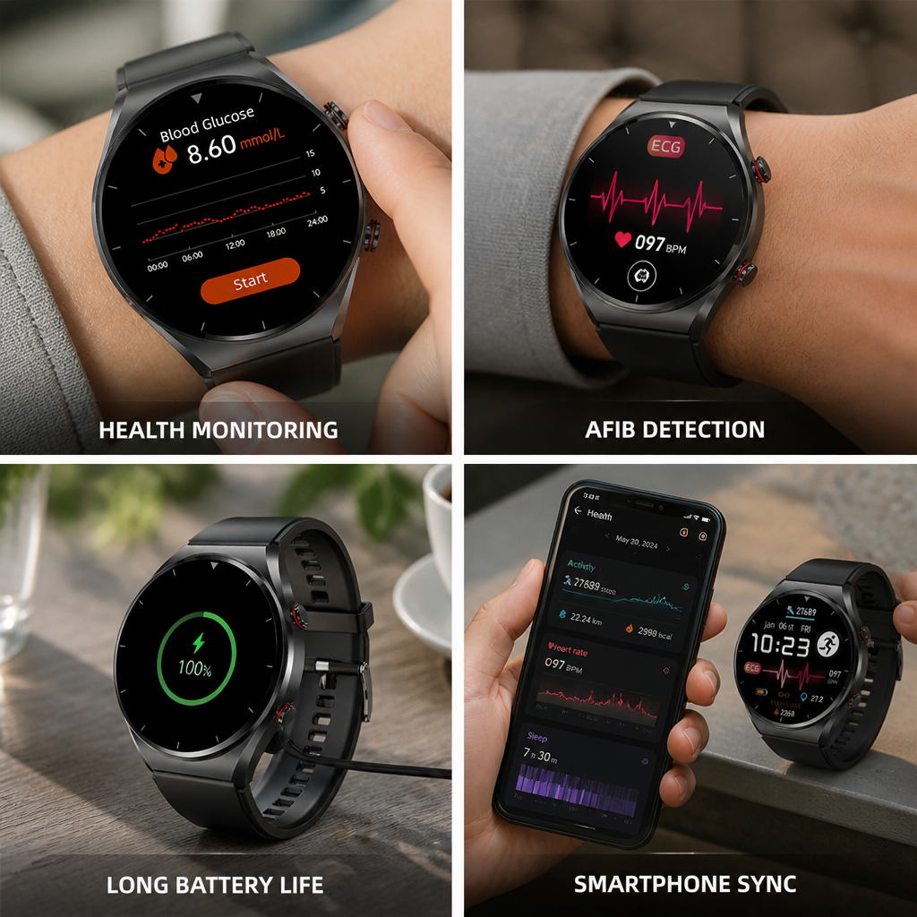 ECG & Afib Detection Blood Glucose 15-Day Battery Health Smartwatch