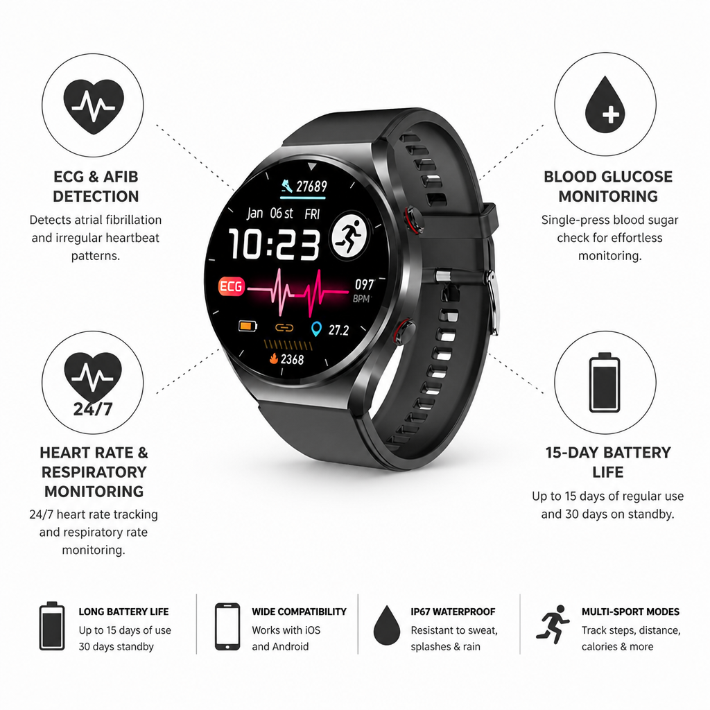 ECG & Afib Detection Blood Glucose 15-Day Battery Health Smartwatch