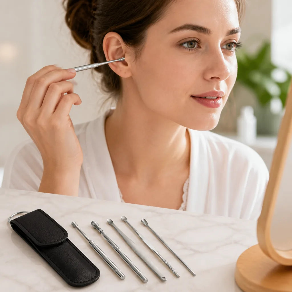 Earwax Remover Set Stainless Steel Spiral & Scoop Case