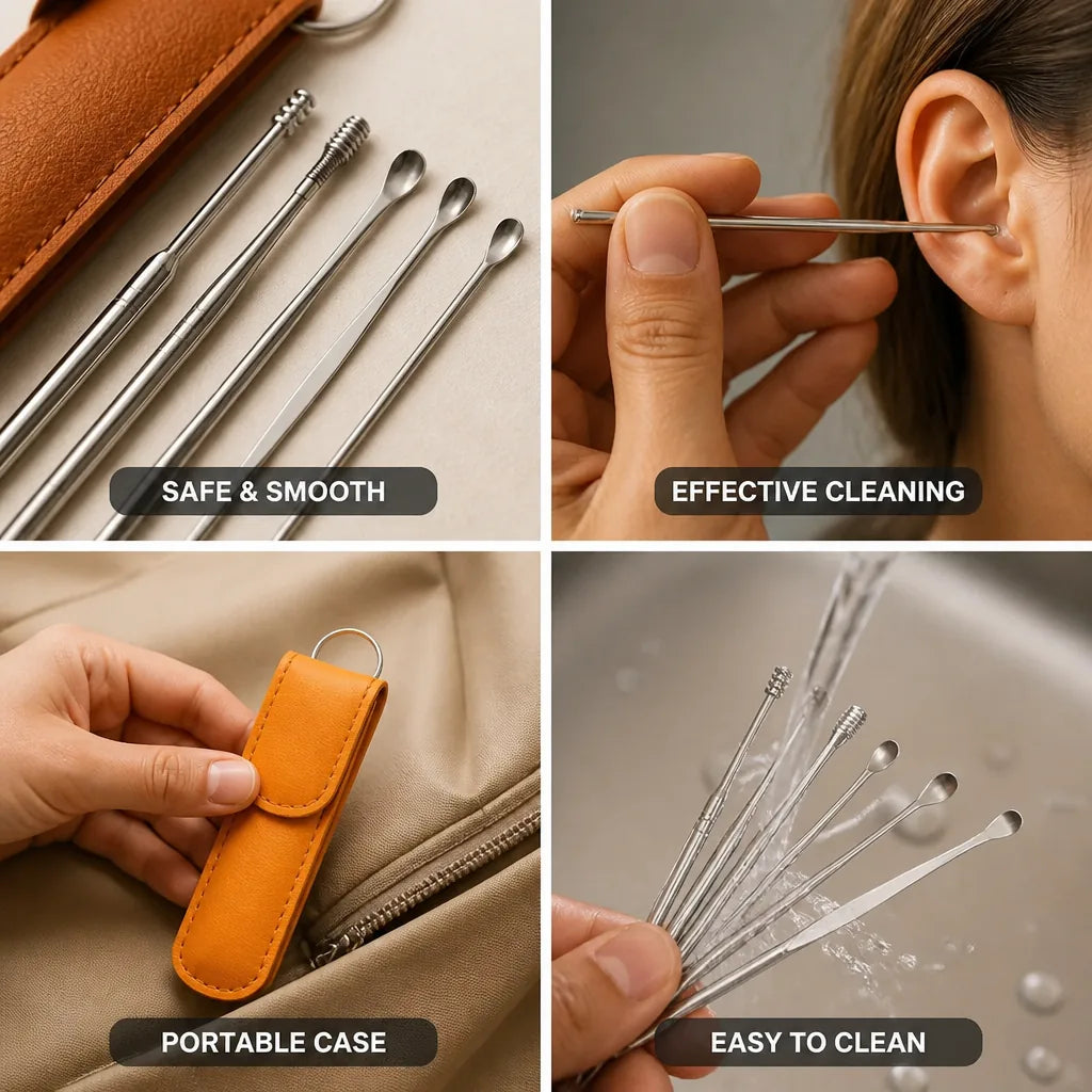 Earwax Remover Set Stainless Steel Spiral & Scoop Case