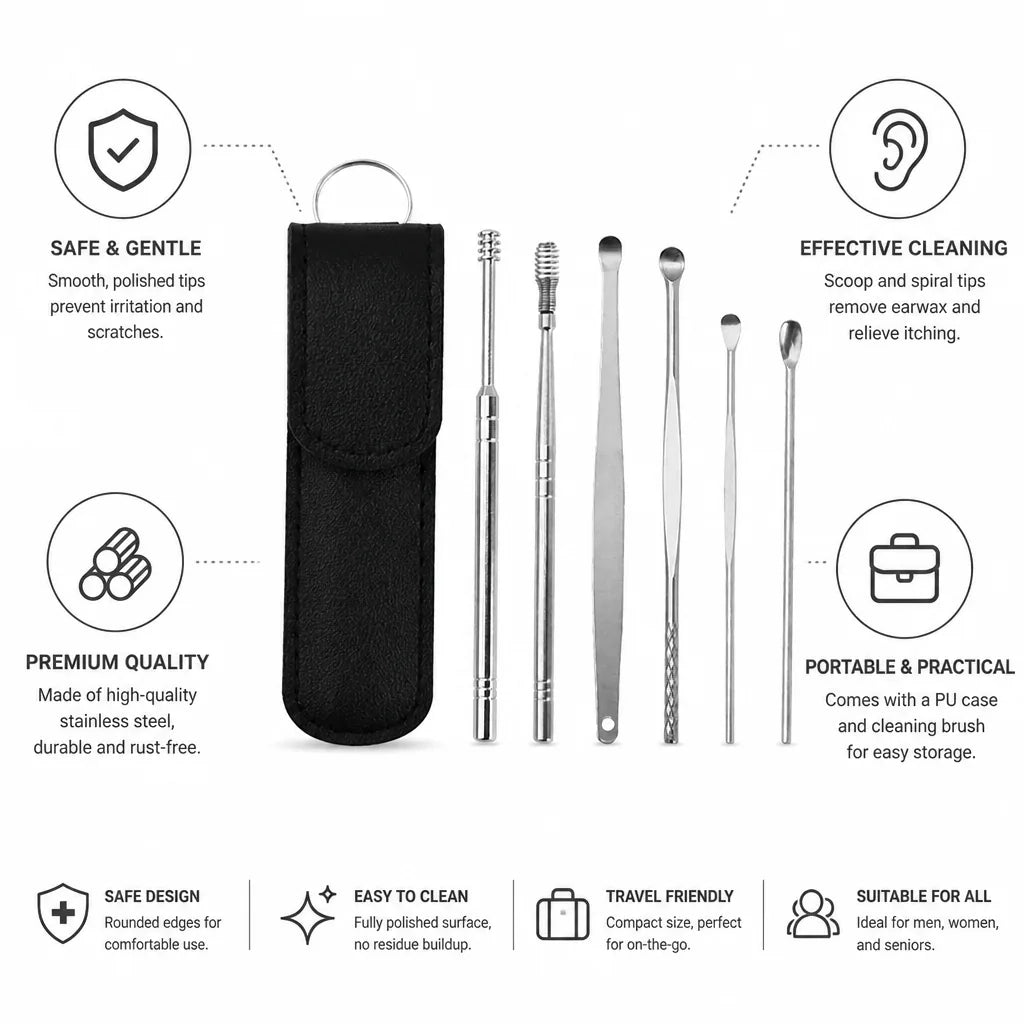 Earwax Remover Set Stainless Steel Spiral & Scoop Case