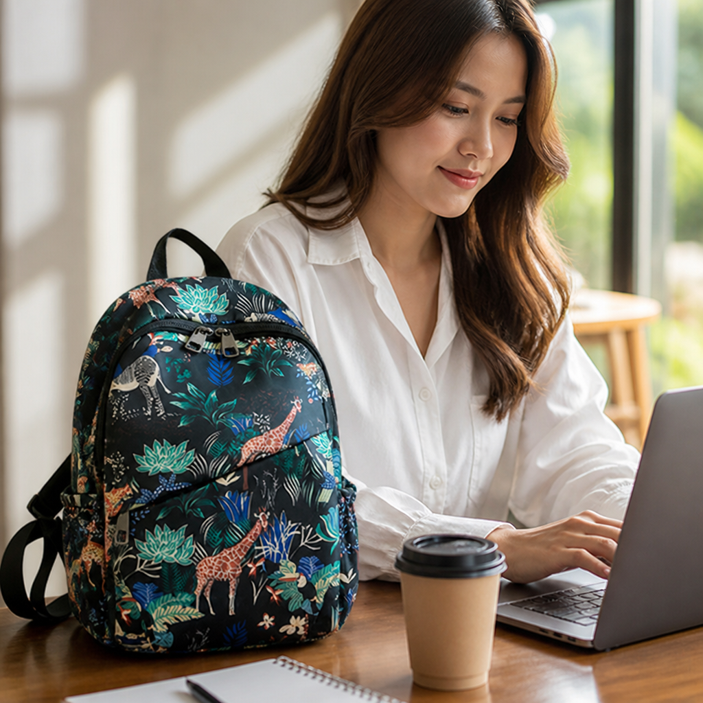 Eco-Friendly Botanical-Print Water-Resistant Backpack (Padded Laptop Sleeve)