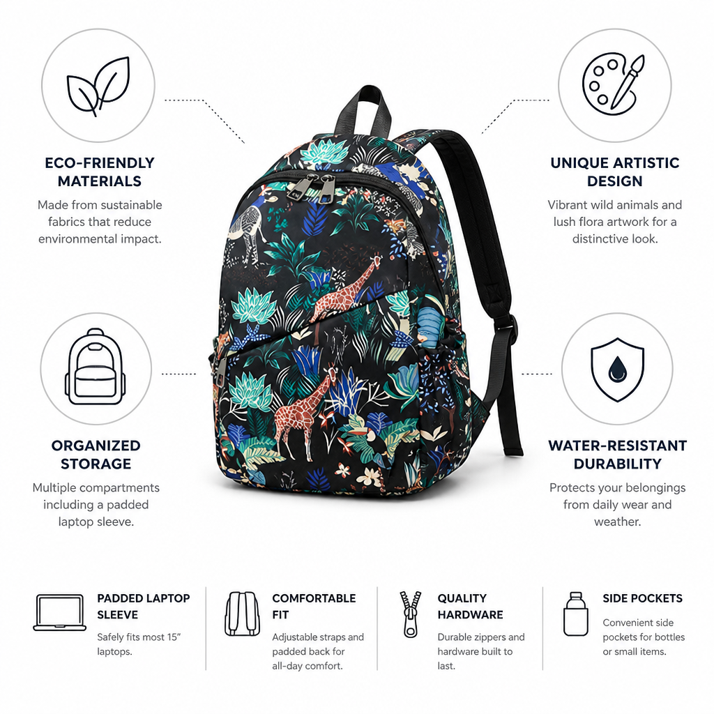 Eco-Friendly Botanical-Print Water-Resistant Backpack (Padded Laptop Sleeve)