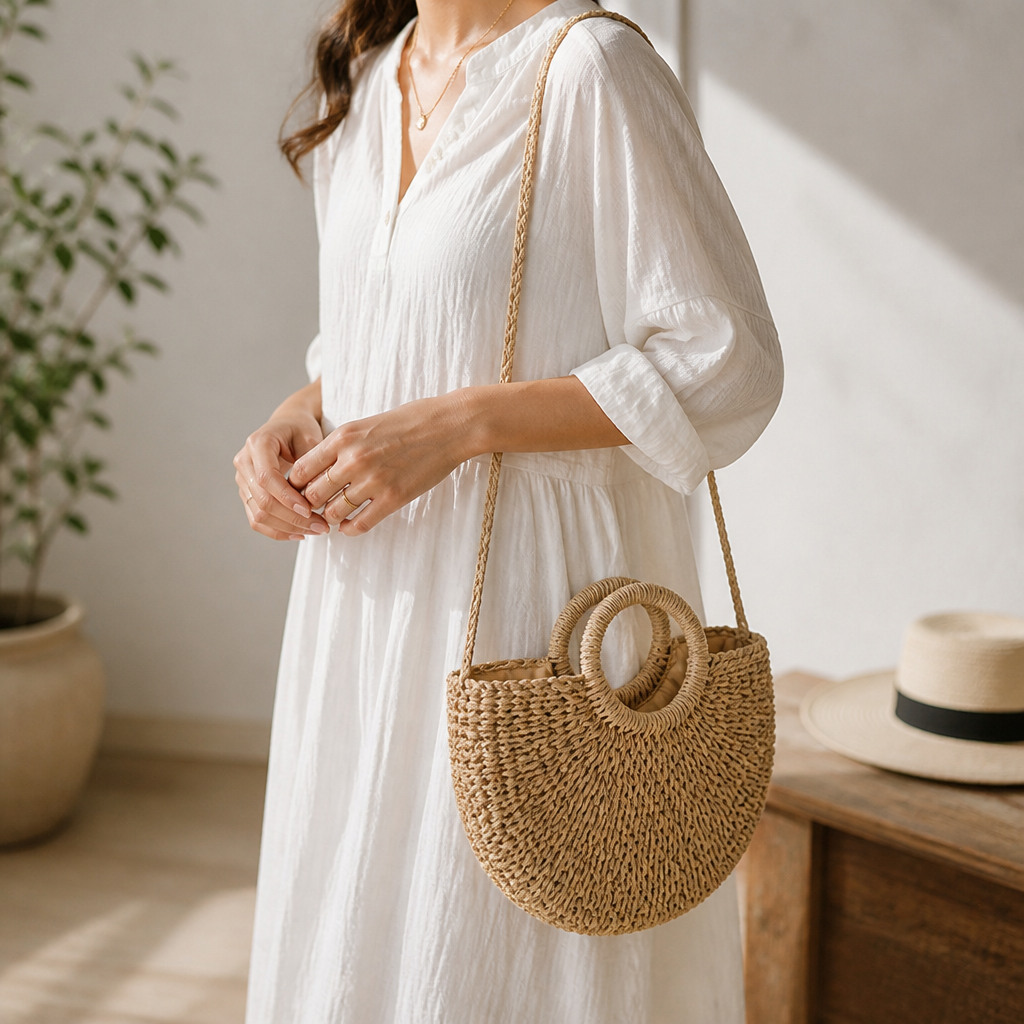 Eco-Friendly Handwoven Straw Crescent Bag (Round Handle)