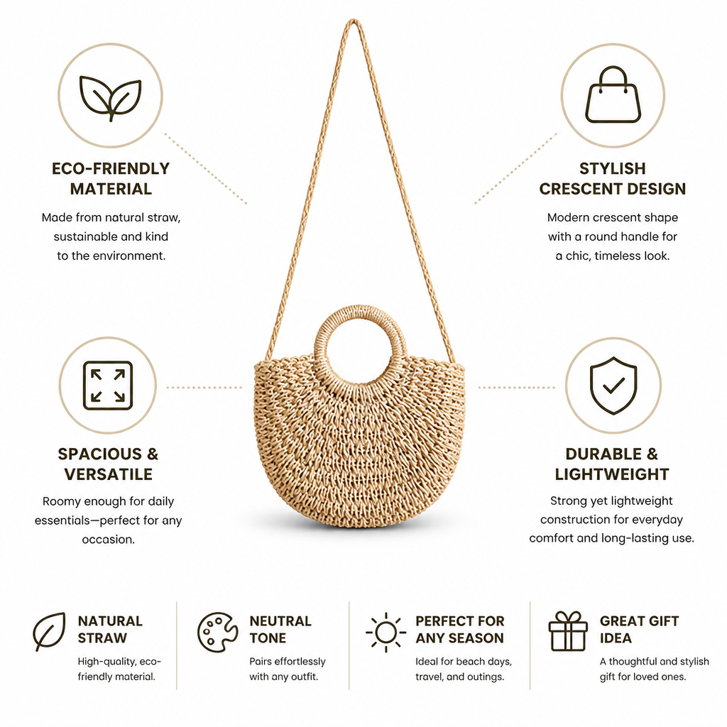 Eco-Friendly Handwoven Straw Crescent Bag (Round Handle)