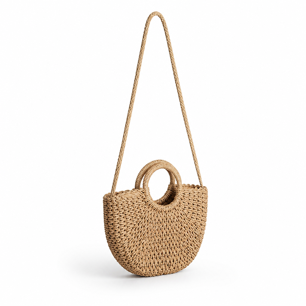 Eco-Friendly Handwoven Straw Crescent Bag (Round Handle)